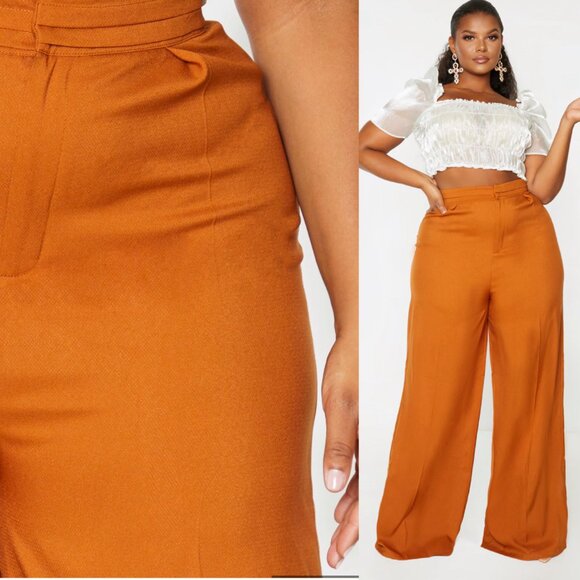 NWT Pretty Little Thing Rust Pleat Detail Wide Leg Trouser 16/Polished Boho Chic - Picture 12 of 13